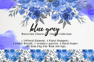 Blue Grey Watercolor Flower Clip-art for Crafting & Patterns