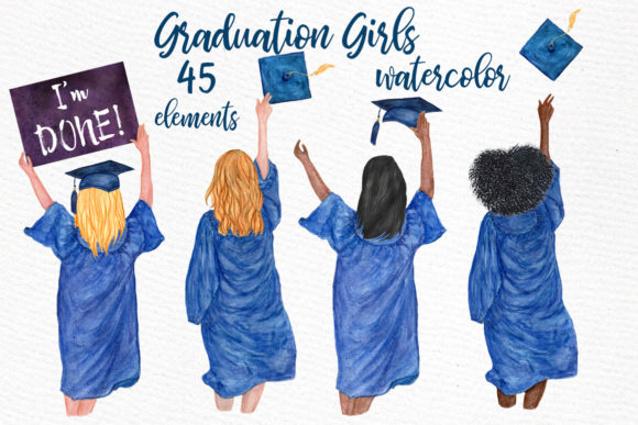 Graduation Clipart Watercolor Girls Grad for Editorial and Web Crafts