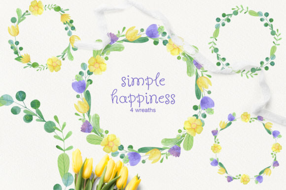 Set of 4 Watercolor Wreaths and Decorative Elements