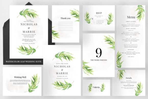 Watercolor Leaf Wedding Suite and Print Templates